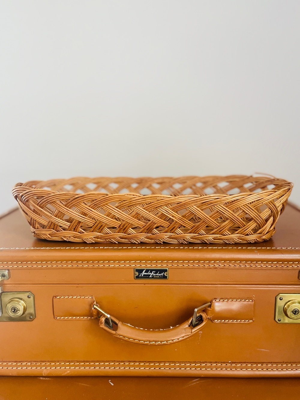Woven Rattan Oblong Basket Natural Brown Open Weave Diagonals Scalloped Edges